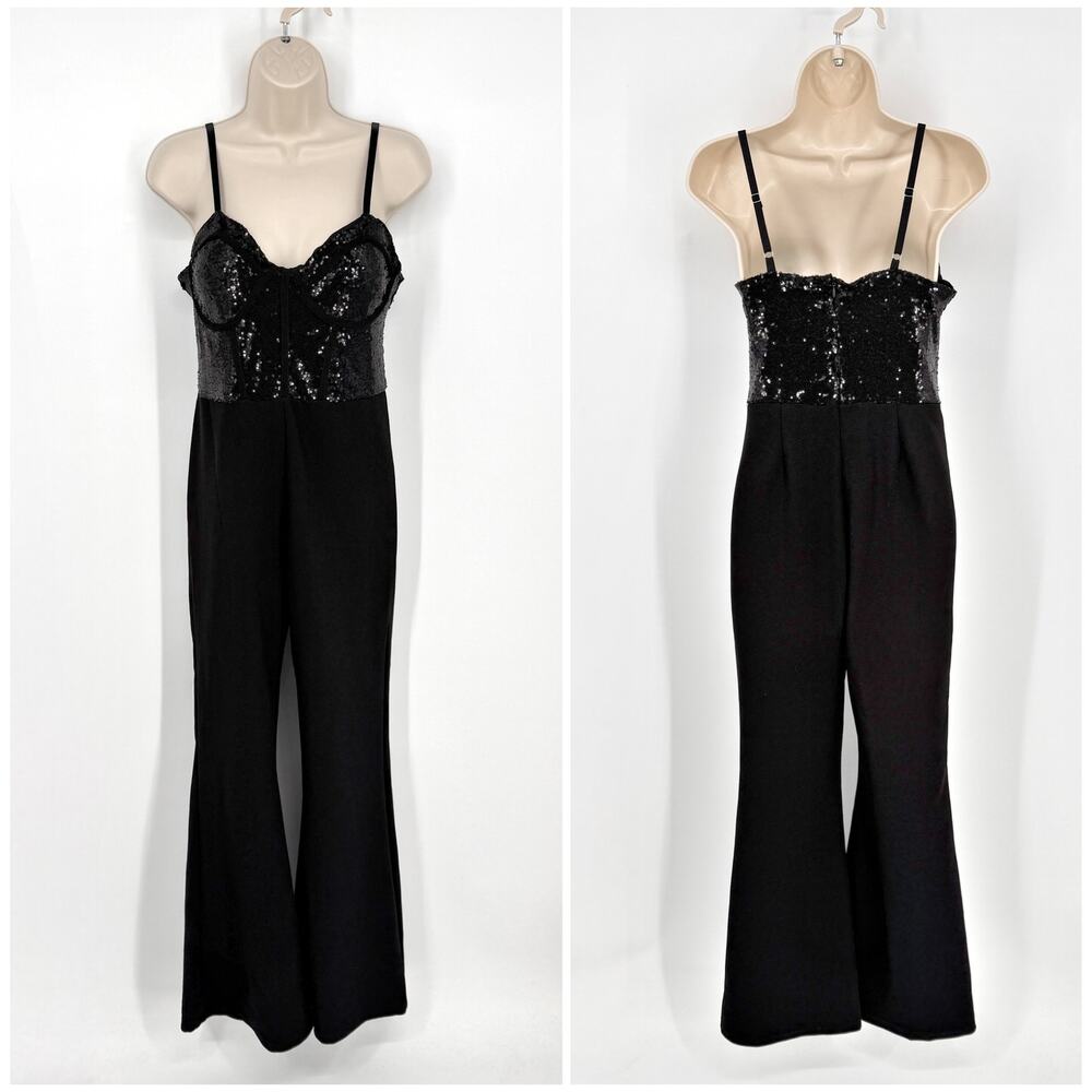 Madden Girl Sequin Corset Bodice Jumpsuit Womens Sz M Black Adjustable Straps